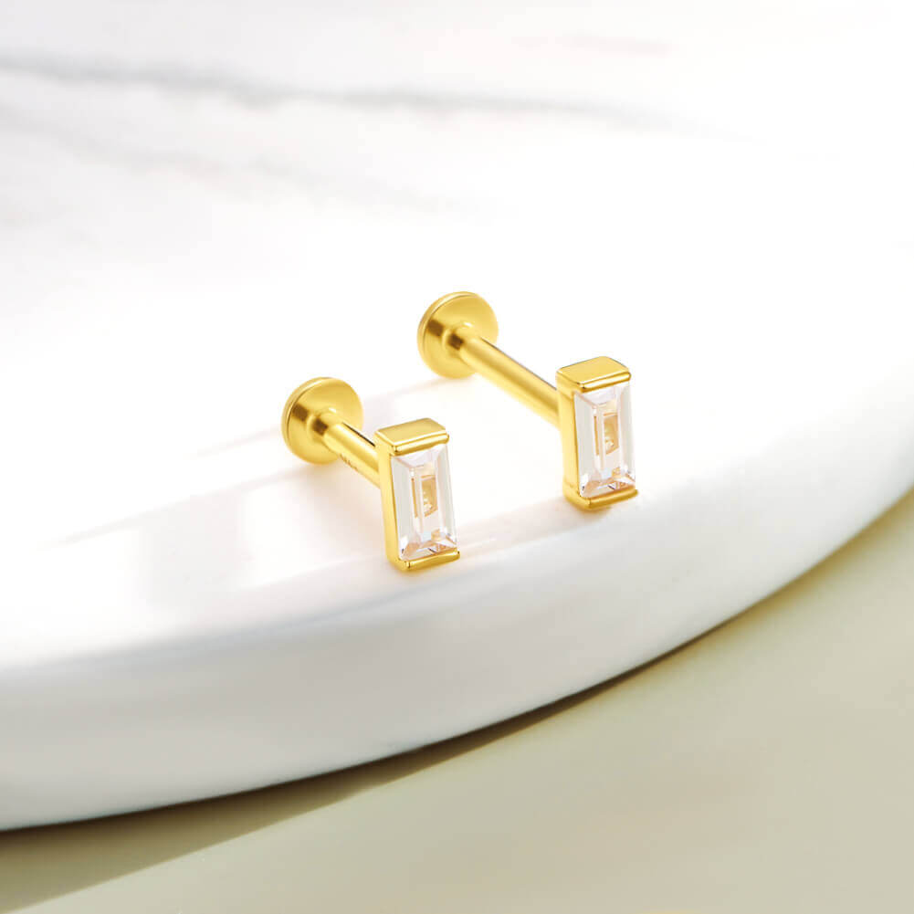 14K Gold Rectangle CZ Cartilage Stud
