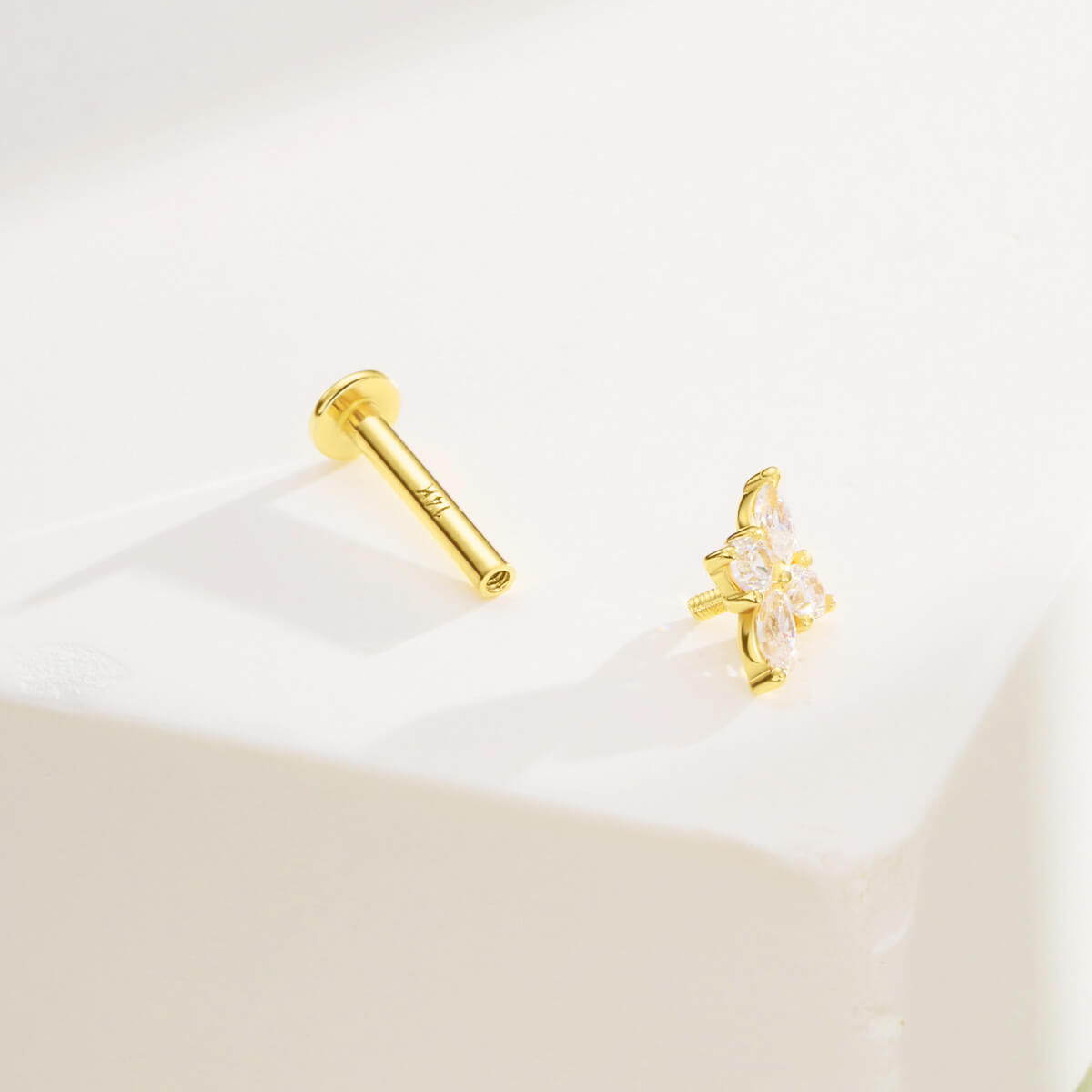 14K Gold Shinny CZ Internally Threaded Cartilage Stud