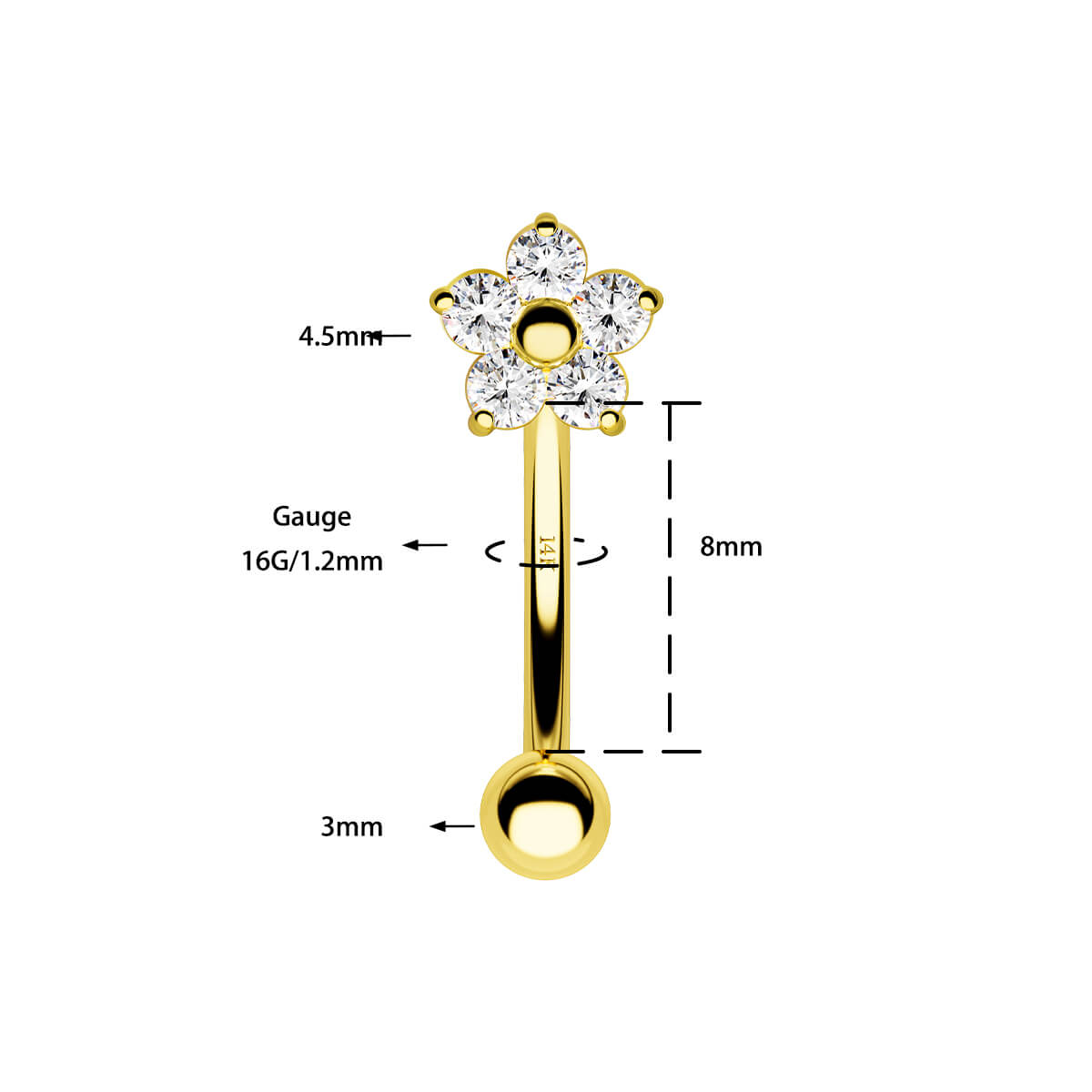 14K Gold Clear CZ Flower Rook Earring