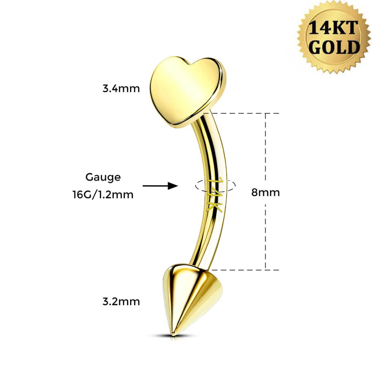 14K Gold Flat Heart Eyebrow Rook Ring