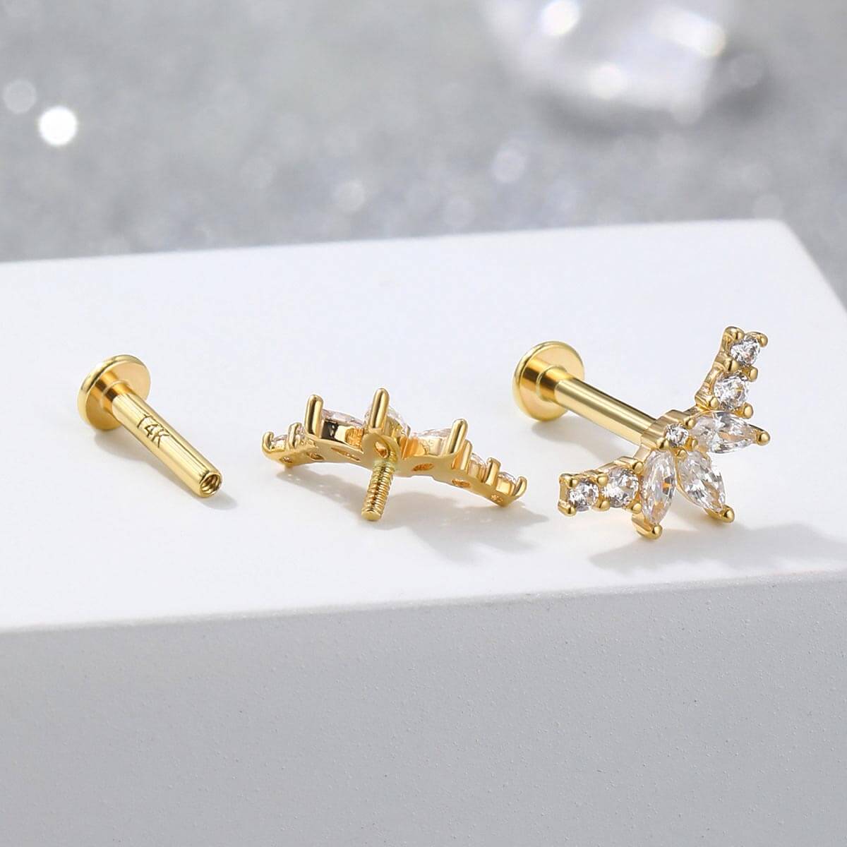 14K Gold Flower Petal CZ Labret Stud