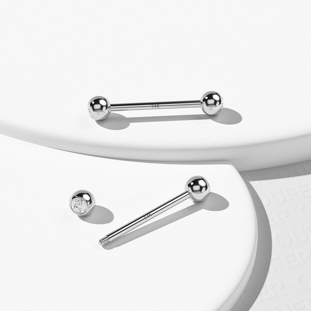 14K White Gold CZ Ball Nipple Ring