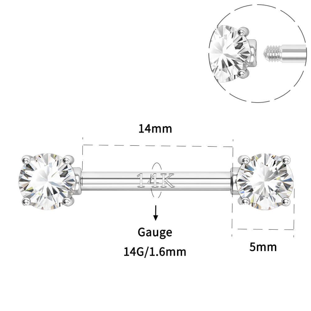 14K White Gold Round CZ Nipple Ring