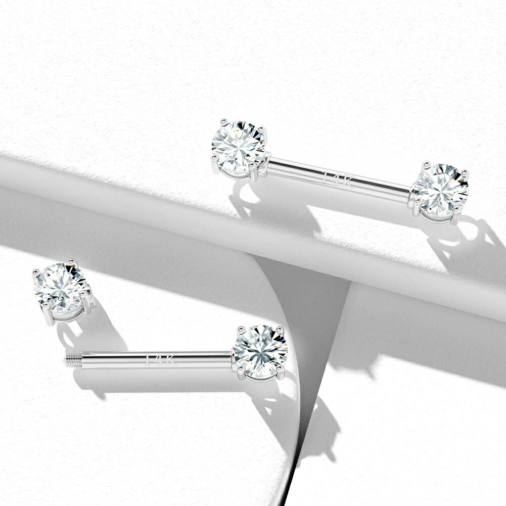 14K White Gold Round CZ Nipple Ring