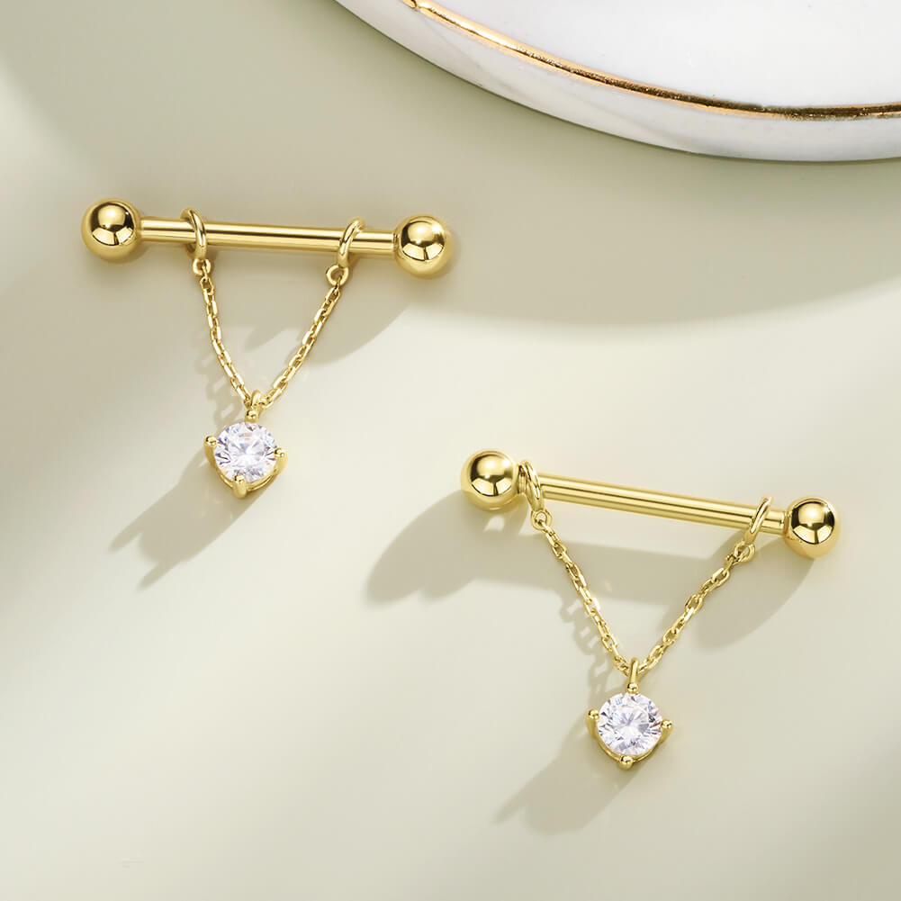 14K Gold CZ Removable Dangle Nipple Ring