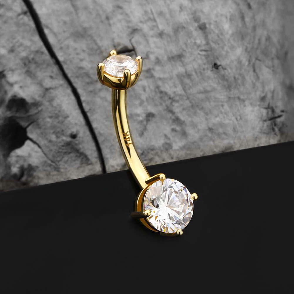 14K Gold Round CZ Internally Threaded Belly Ring