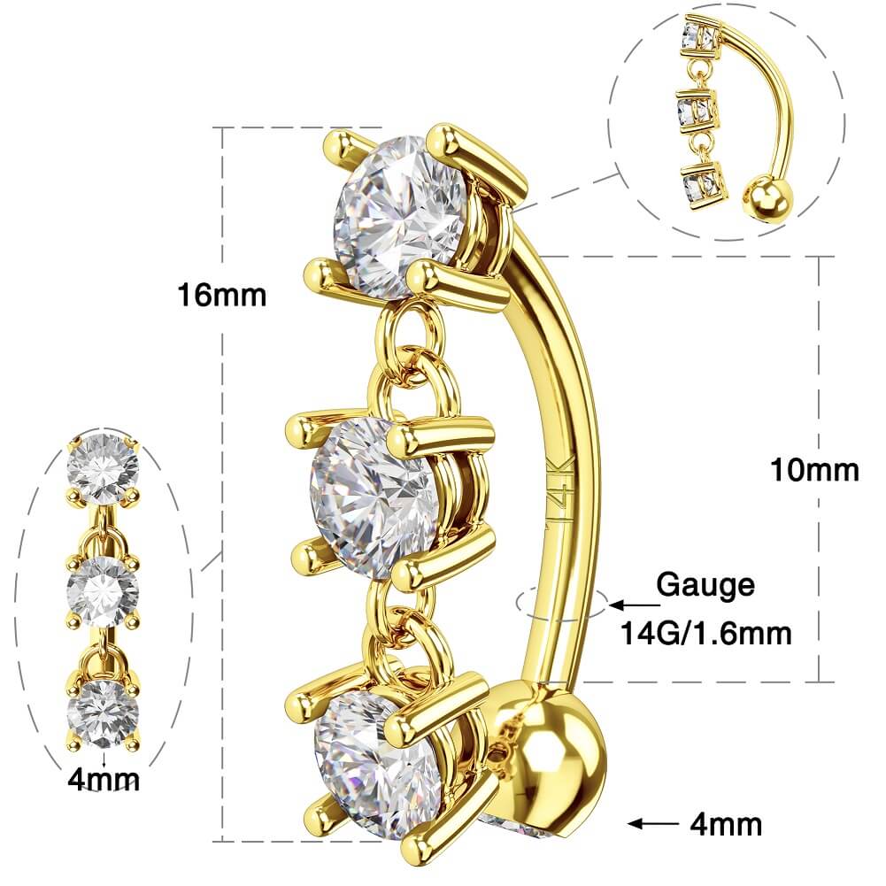 14K Gold Reverse Dangle CZ Belly Ring
