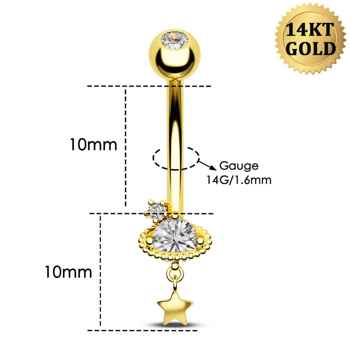 14K Gold Celestial Saturn Belly Ring
