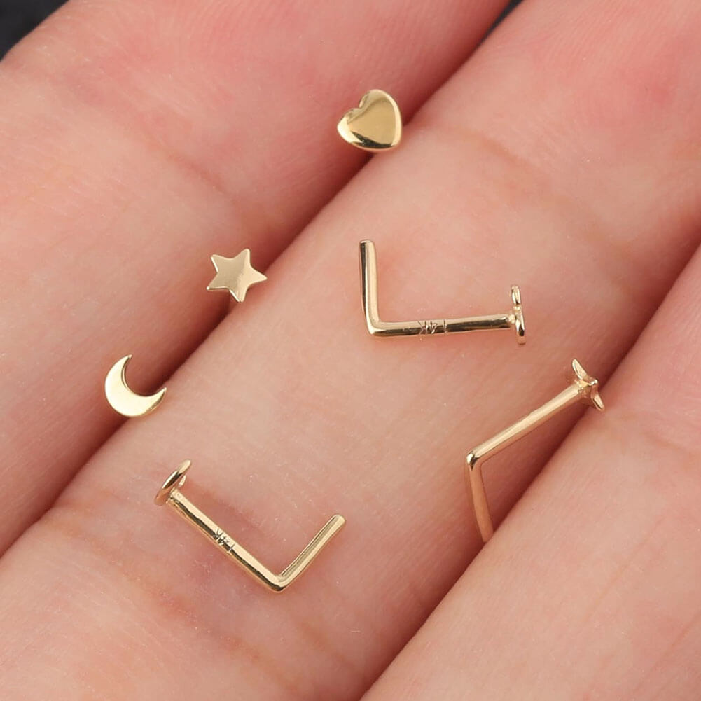 14K Gold Small Moon L-Shape Nose Stud