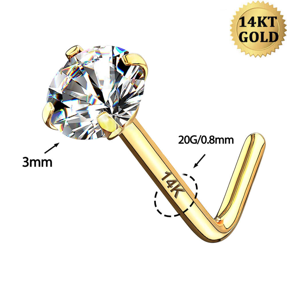 14K Gold Round CZ L-Shape Nose Stud