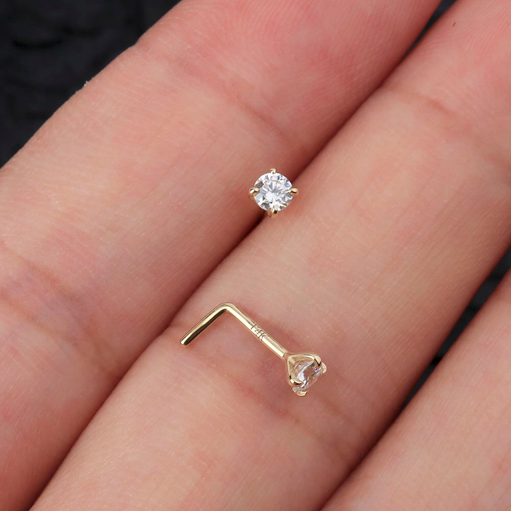14K Gold Round CZ L-Shape Nose Stud