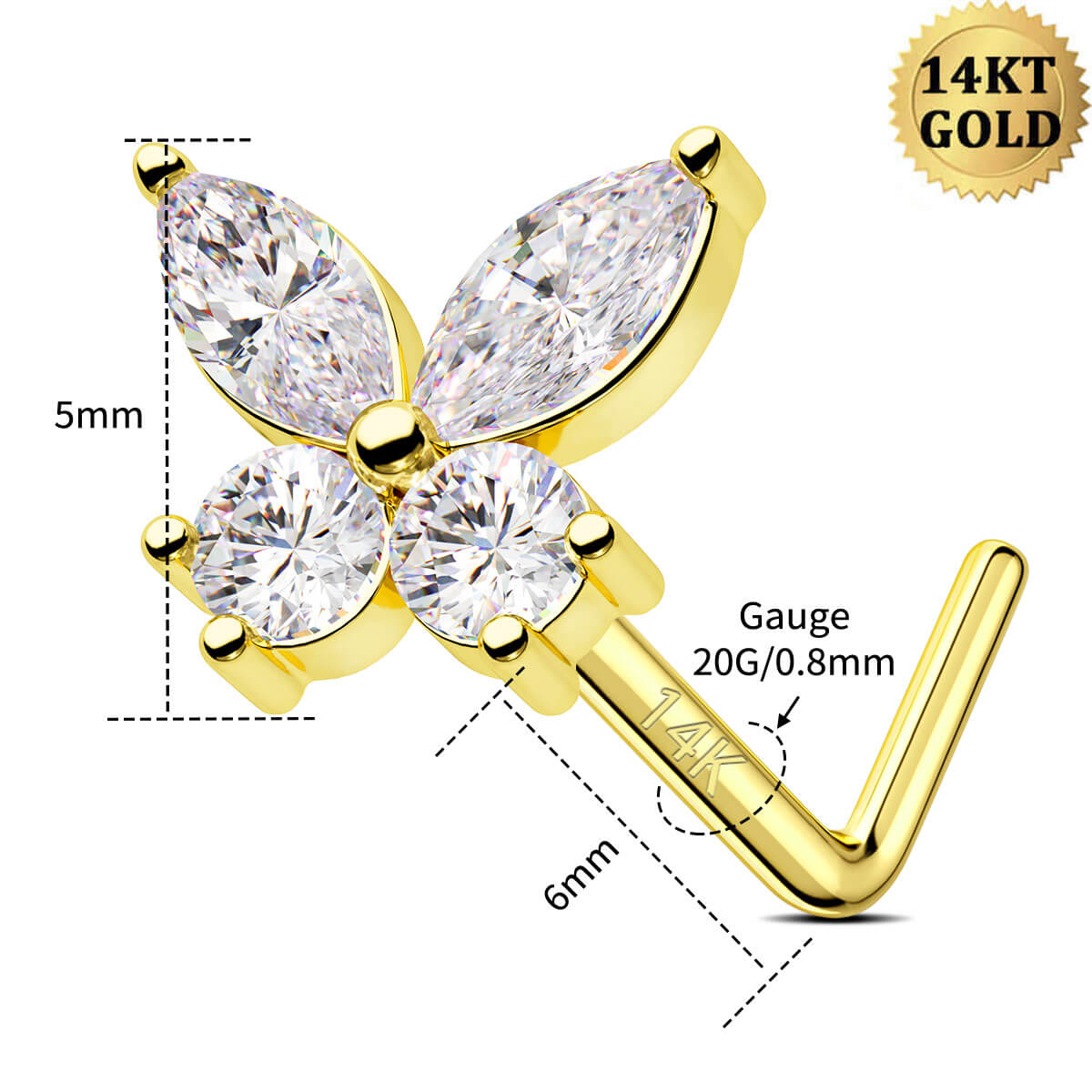 14K Gold CZ Butterfly L-Shape Nose Stud
