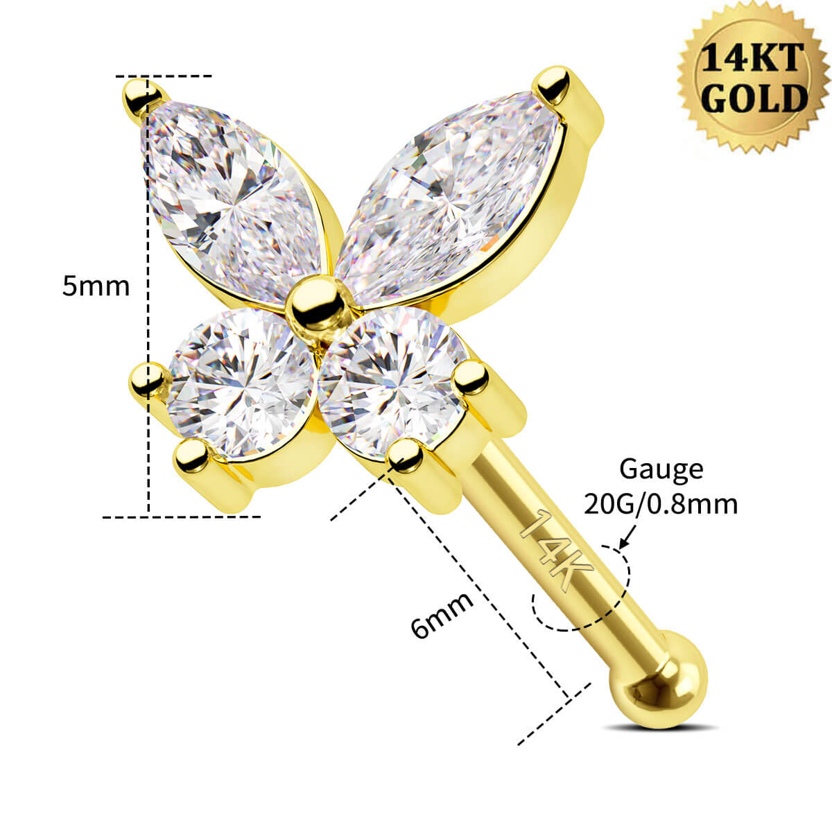 14K Gold CZ Butterfly Top Nose Stud