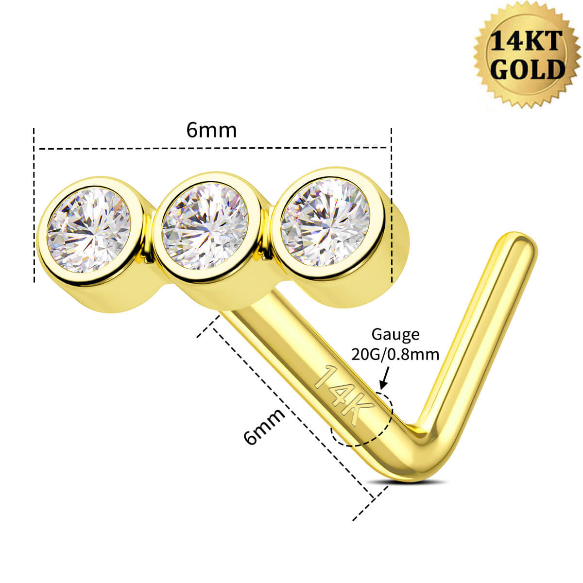 14K Gold CZ Beads Top L-Shape Nose Stud
