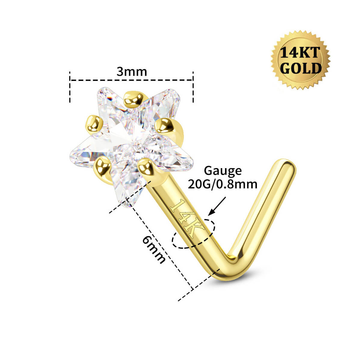14K Gold Crystal Star L-Shape Nose Stud