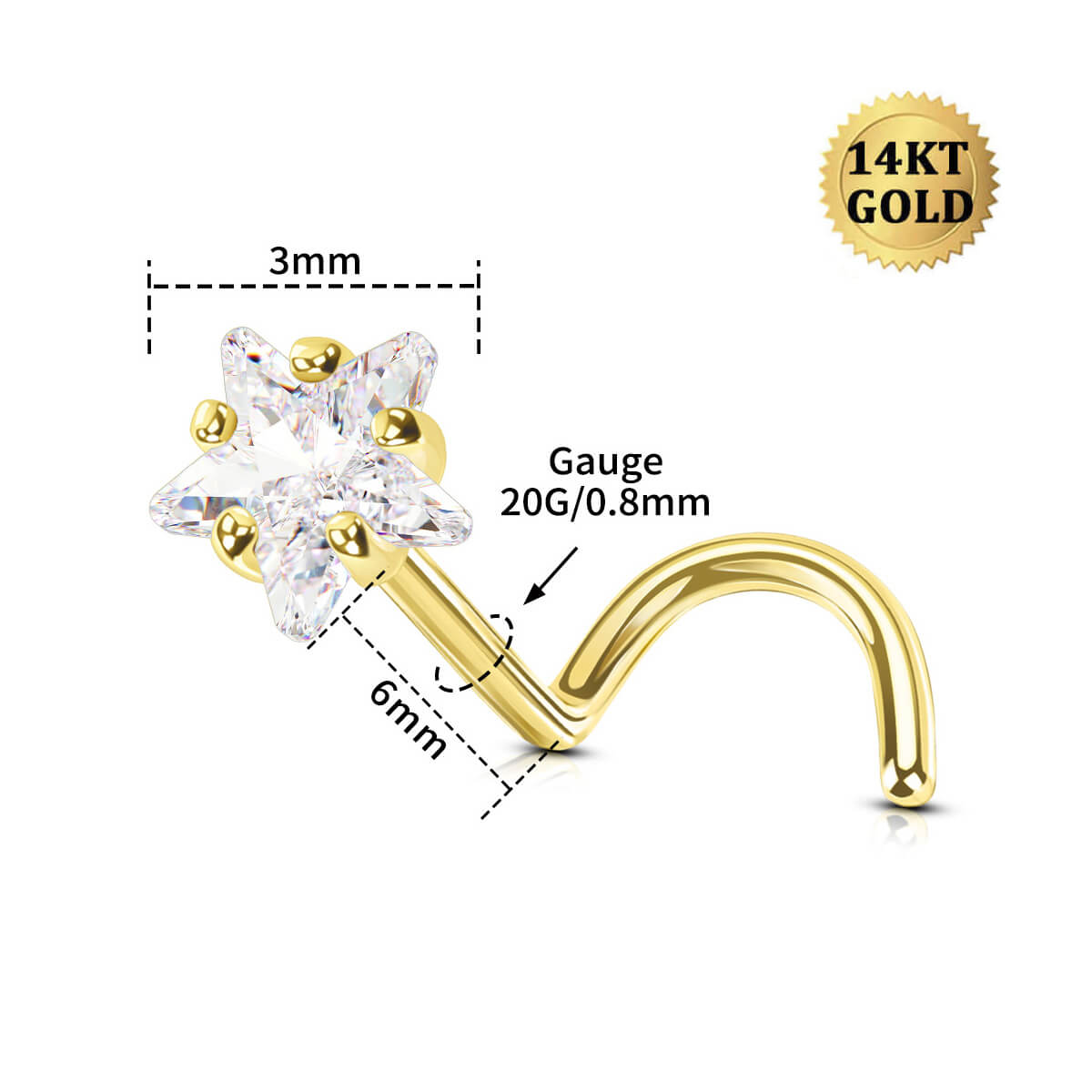 14K Gold Screw Crystal Star Nose Stud