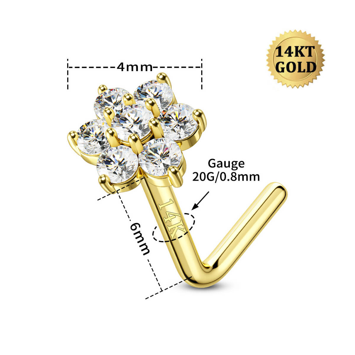 14K Gold Flower L-Shape Nose Stud