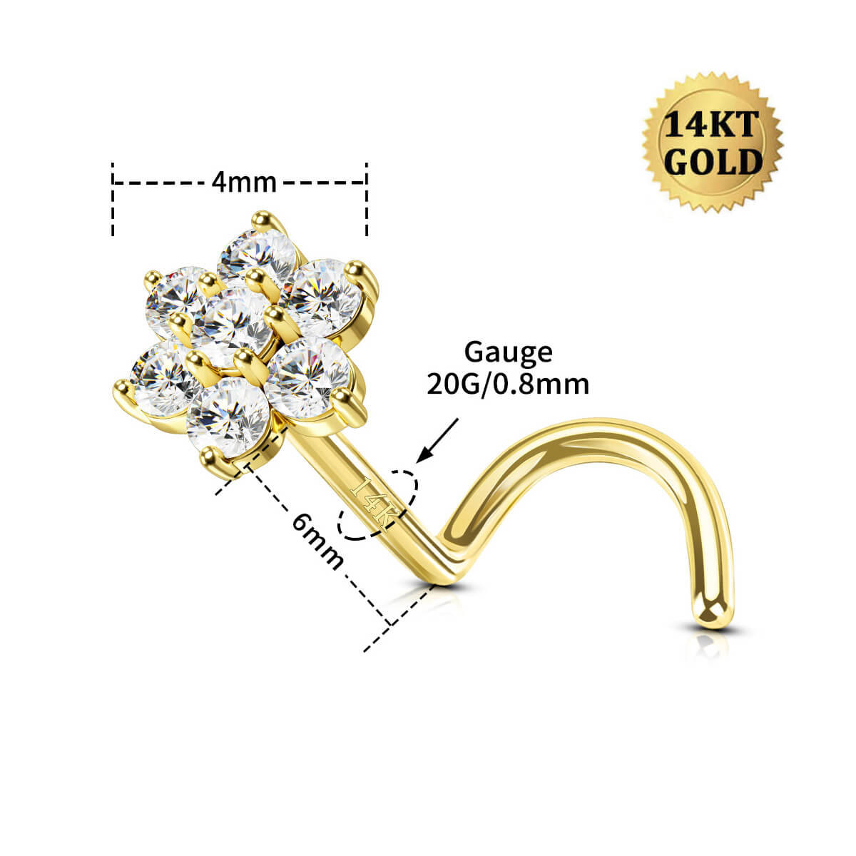 14K Gold CZ Flower Screw Nose Stud