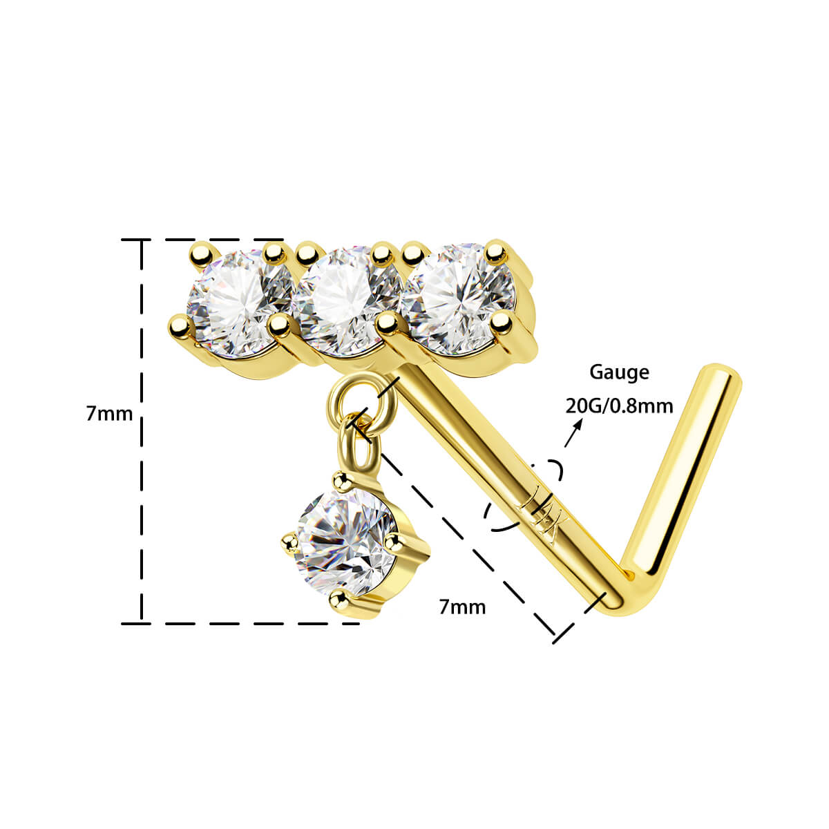 14K Gold Straight CZ Row L-Shaped Nose Stud
