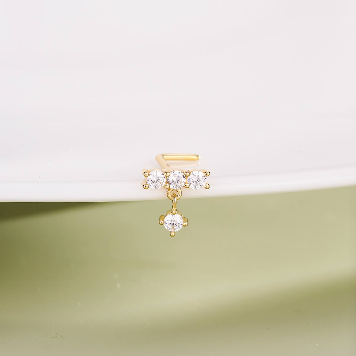 14K Gold Straight CZ Row L-Shaped Nose Stud