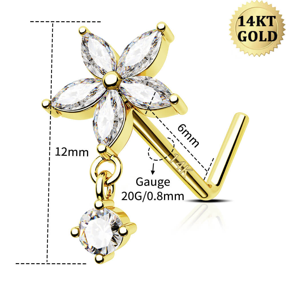 14K Gold CZ Flower L-Shape Dangle Nose Stud