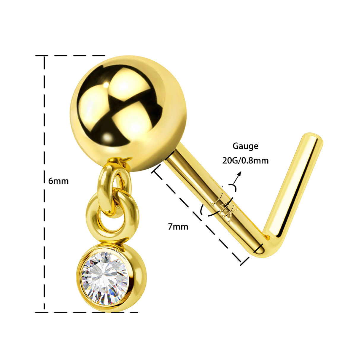 14K Gold CZ Dangle L-Shaped Nose Stud