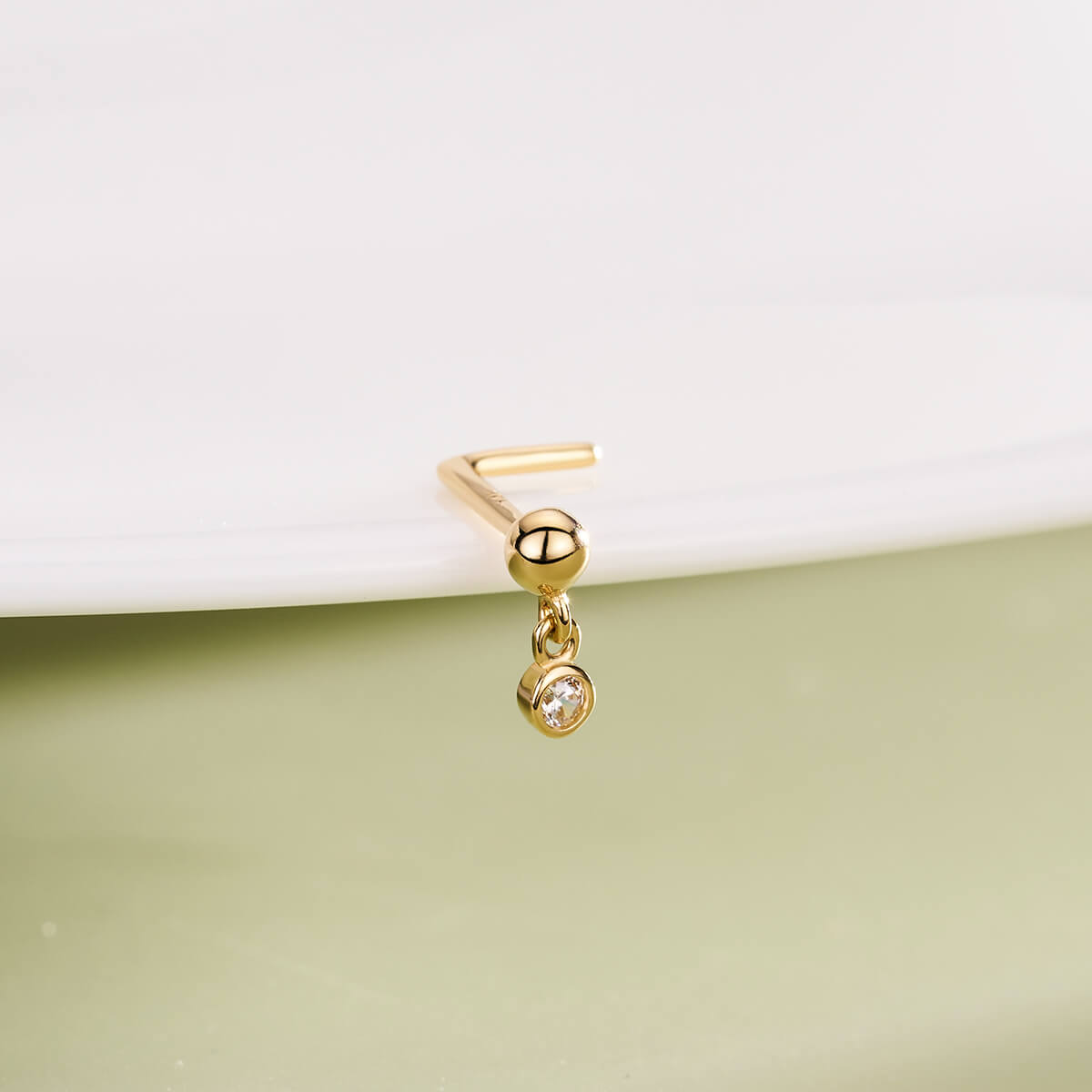 14K Gold CZ Dangle L-Shaped Nose Stud