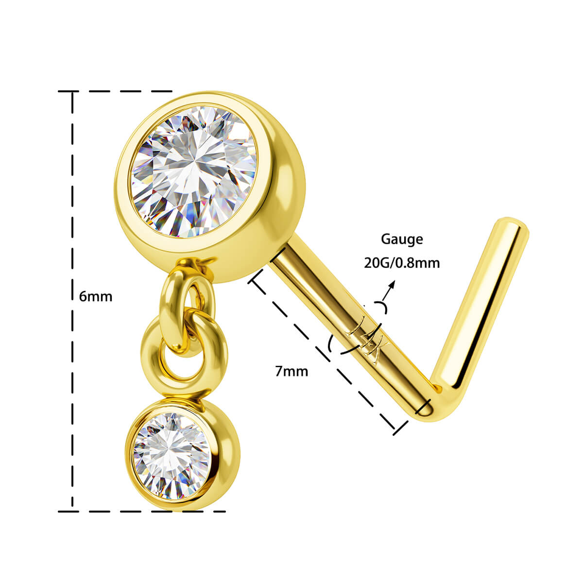 14K Gold Bezel CZ L-Shaped Nose Stud