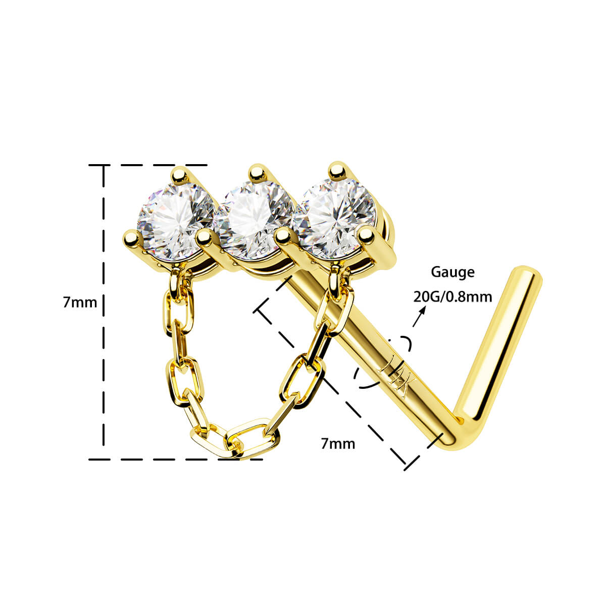 14K Gold CZ Row Chain L-Shaped Nose Stud