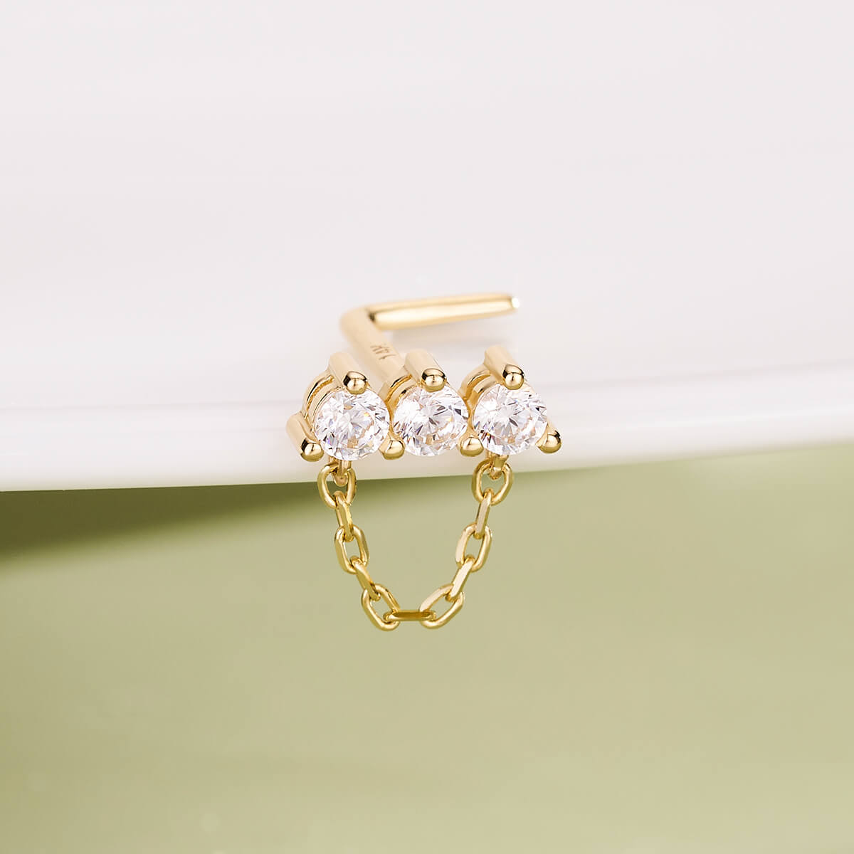 14K Gold CZ Row Chain L-Shaped Nose Stud