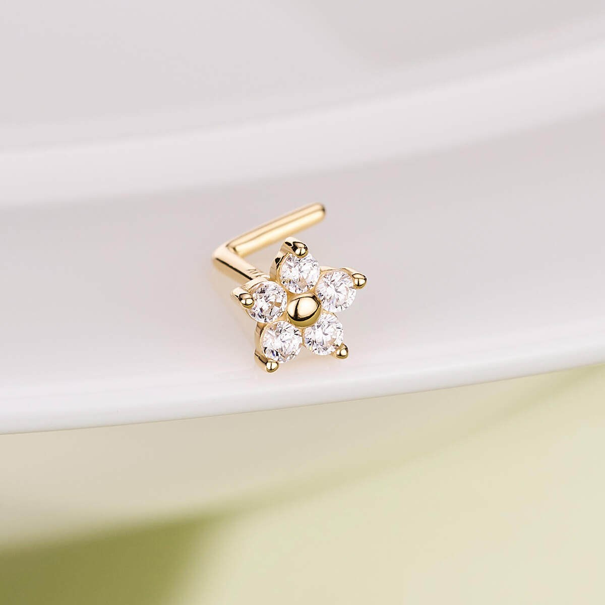 14K Gold CZ Flower L-Shaped Nose Stud