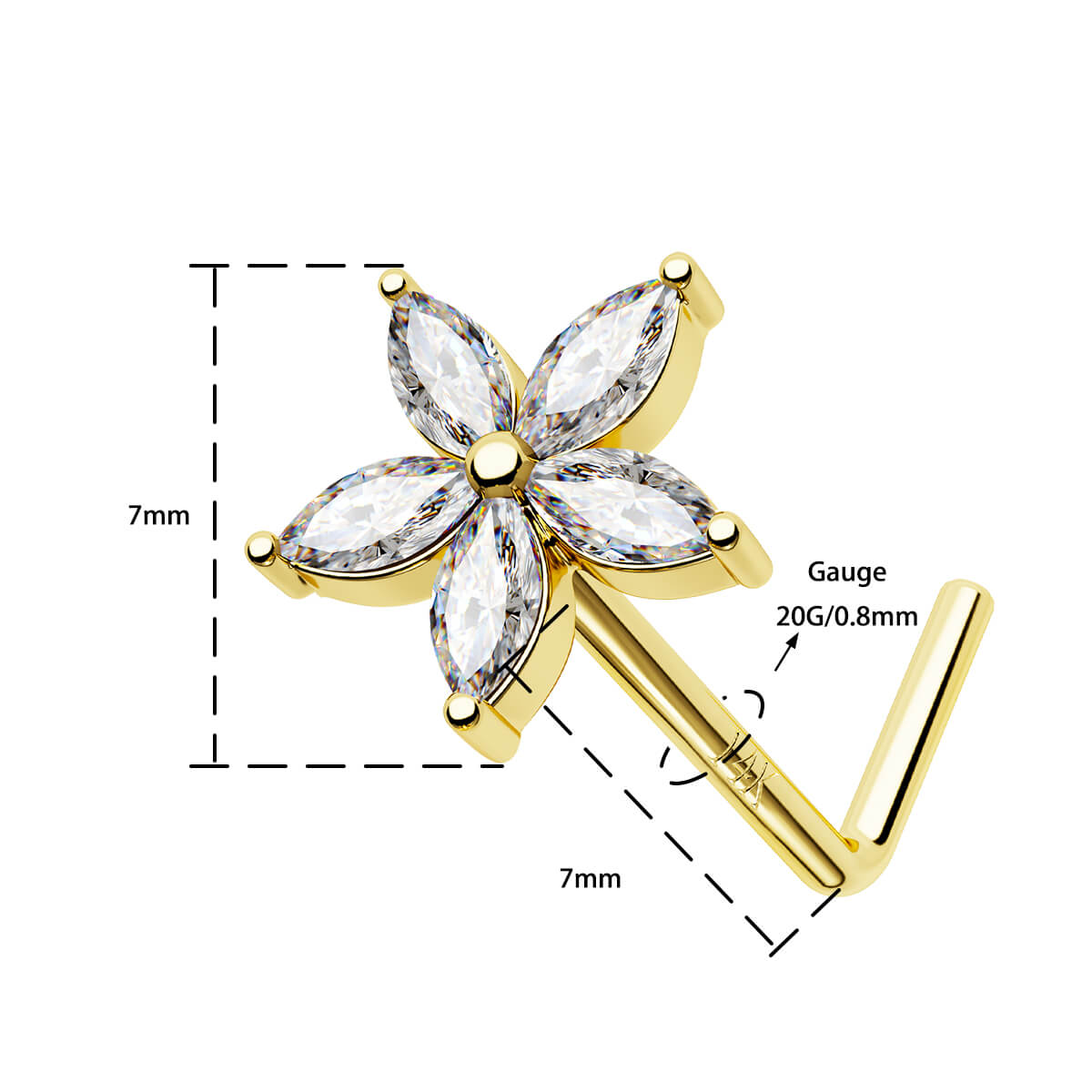 14K Gold Flower L-Shaped Nose Stud