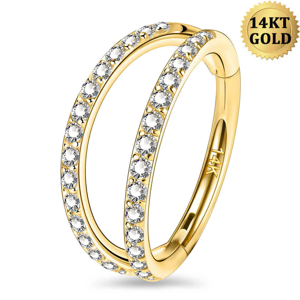 18G 14K Gold Double Row CZ Segment Nose Hoop
