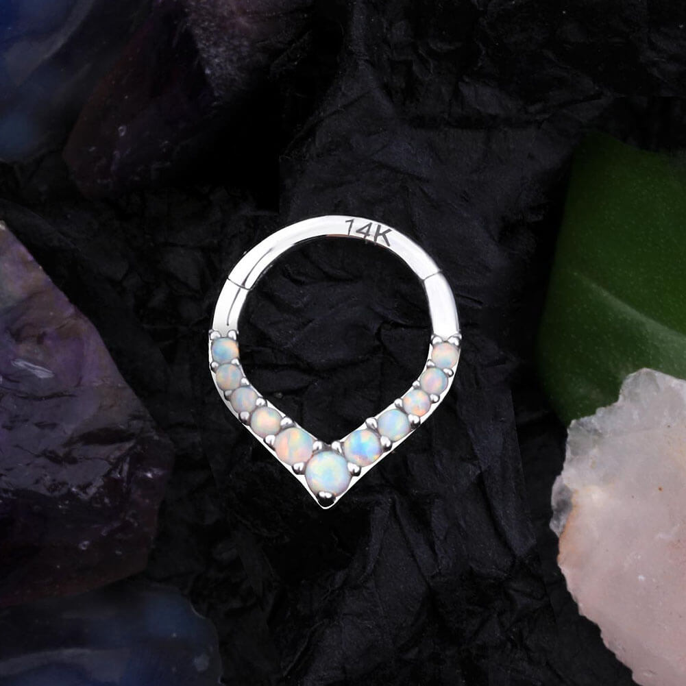 14K White Gold Opal V-Shape Segment Septum Ring