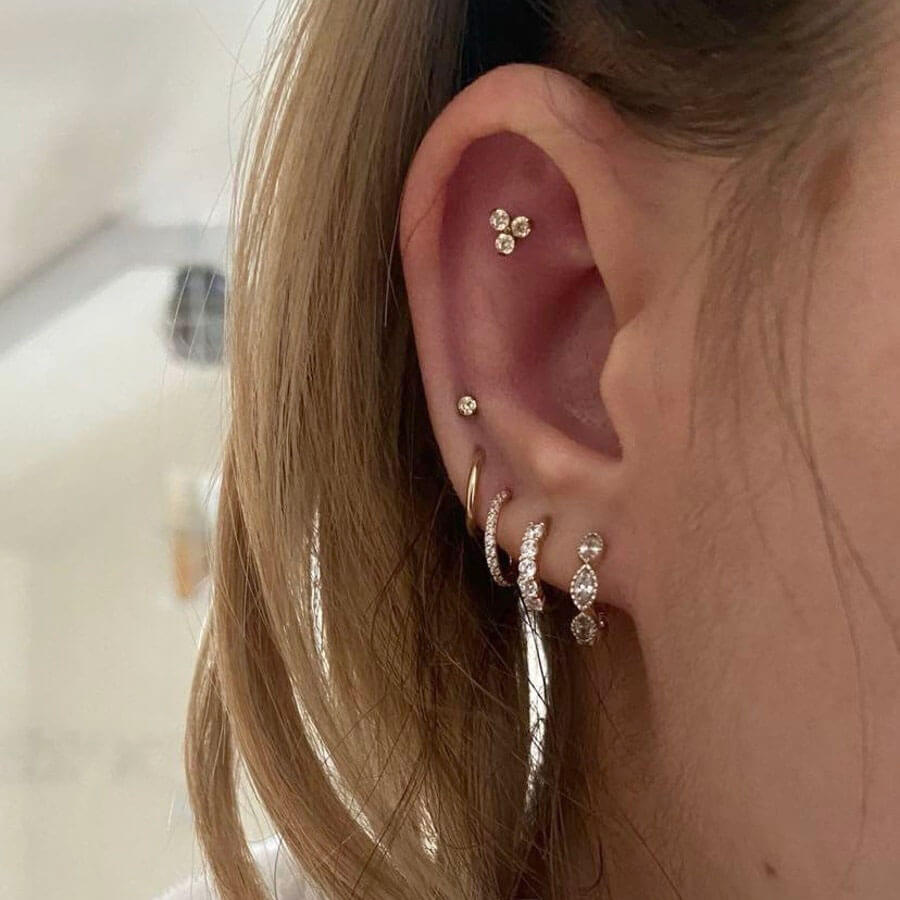 14K Gold Clear CZ Segment Helix Hoop Earring