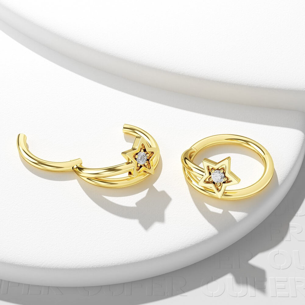 14K Gold Star CZ Segment Helix Earring