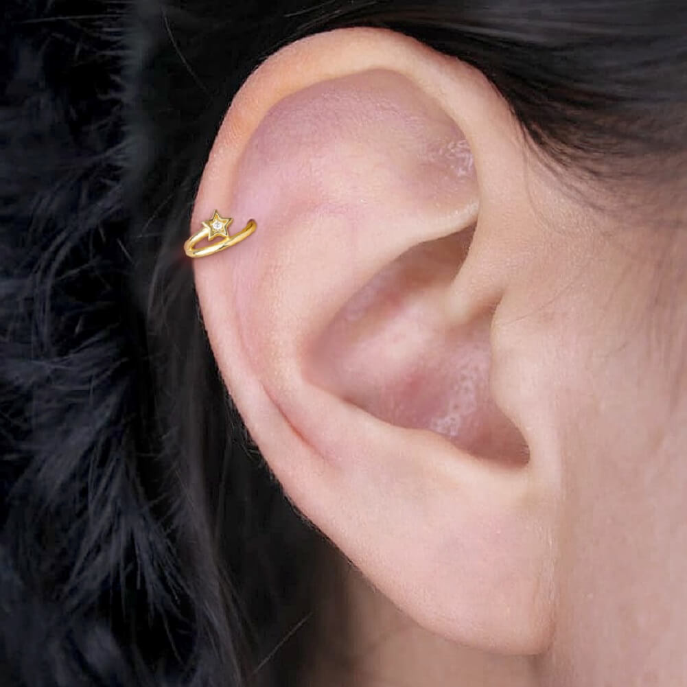 14K Gold Star CZ Segment Helix Earring