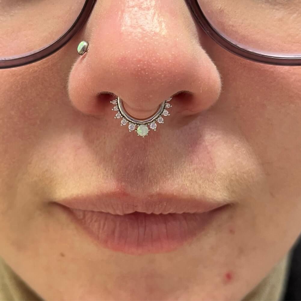 14K White Gold CZ Opal Segment Septum Ring