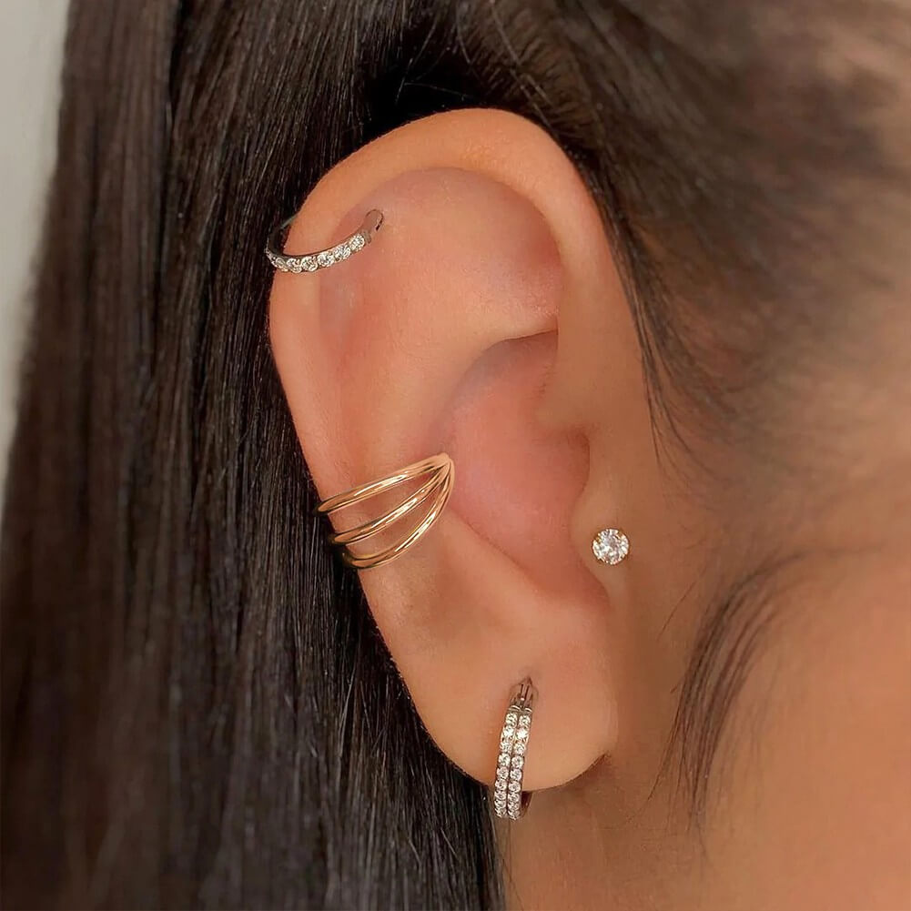 14K Gold Triple Layered Segment  Cartilage Hoop