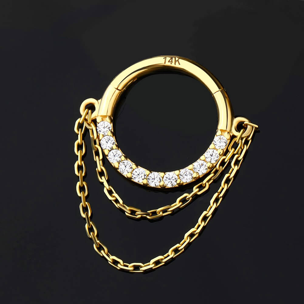 14K Gold Double Chain CZ Segment Septum Ring