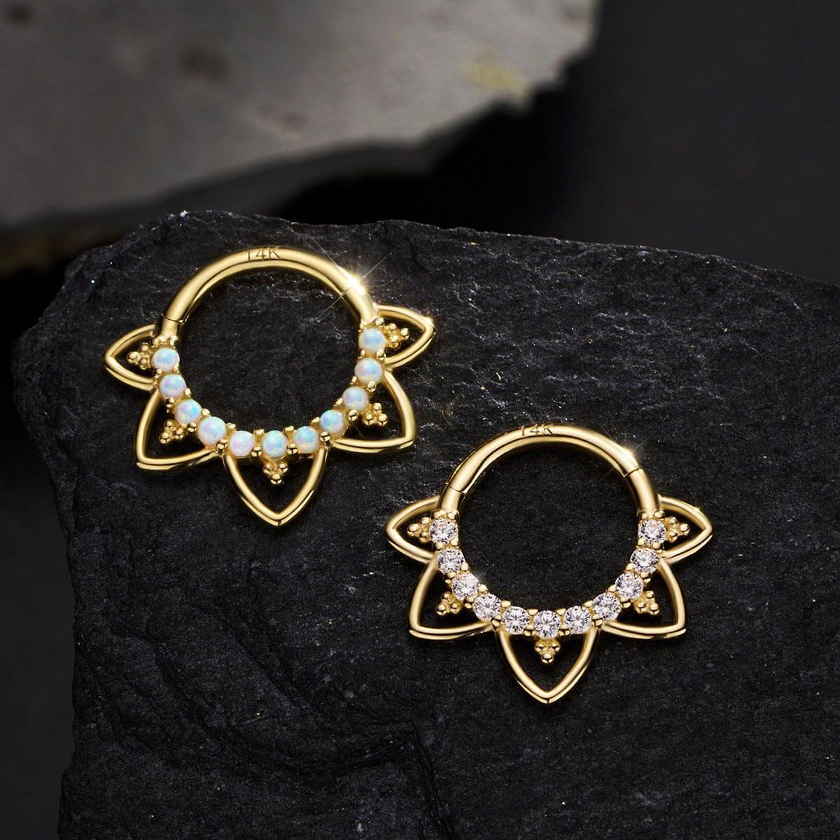 14K Gold Opal Lotus Flower Segment Septum Ring