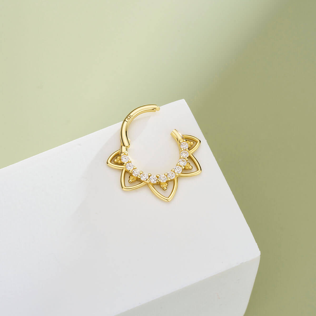 14K Gold CZ Lotus Flower Segment Septum Ring