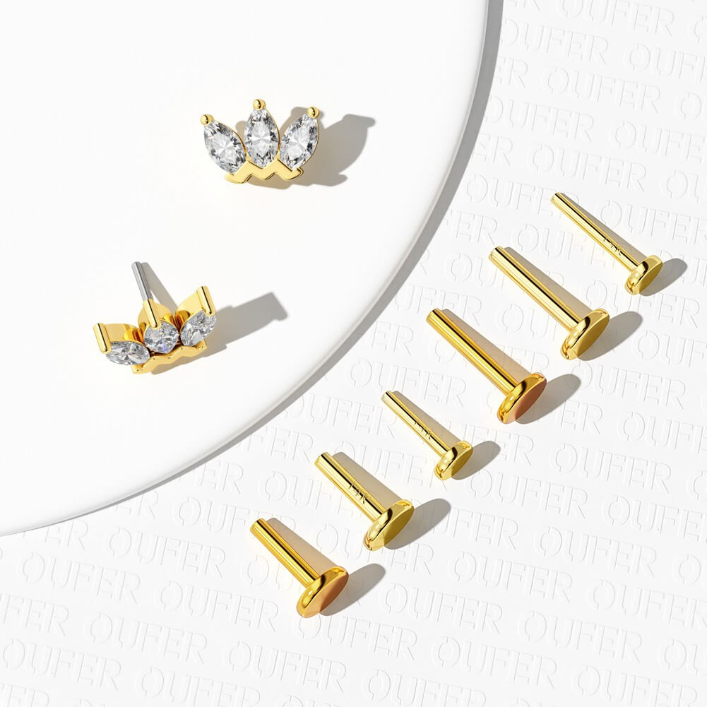 14K Gold Crown CZ Threadless Nose Stud