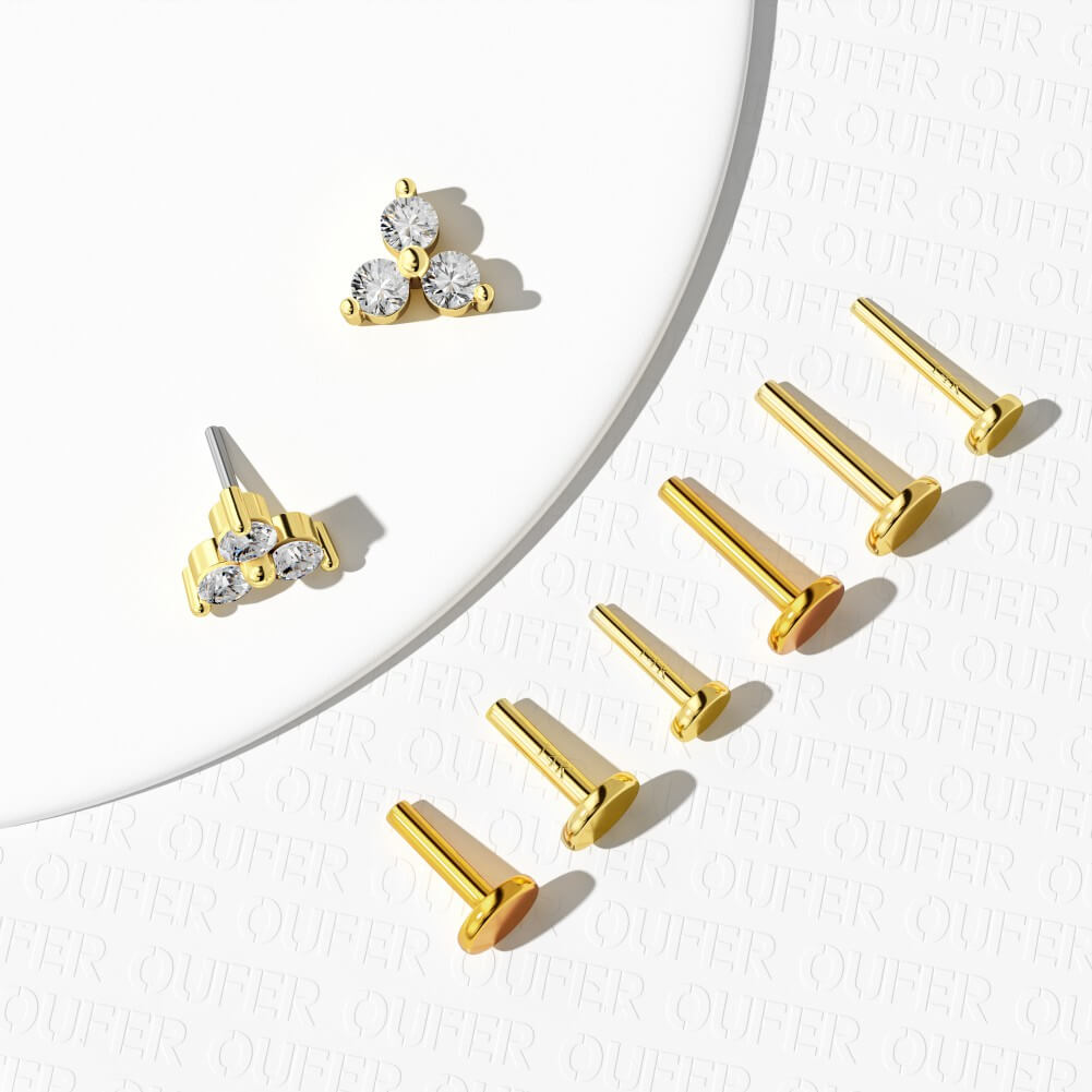 14K Gold Triple CZ Threadless Labret Stud