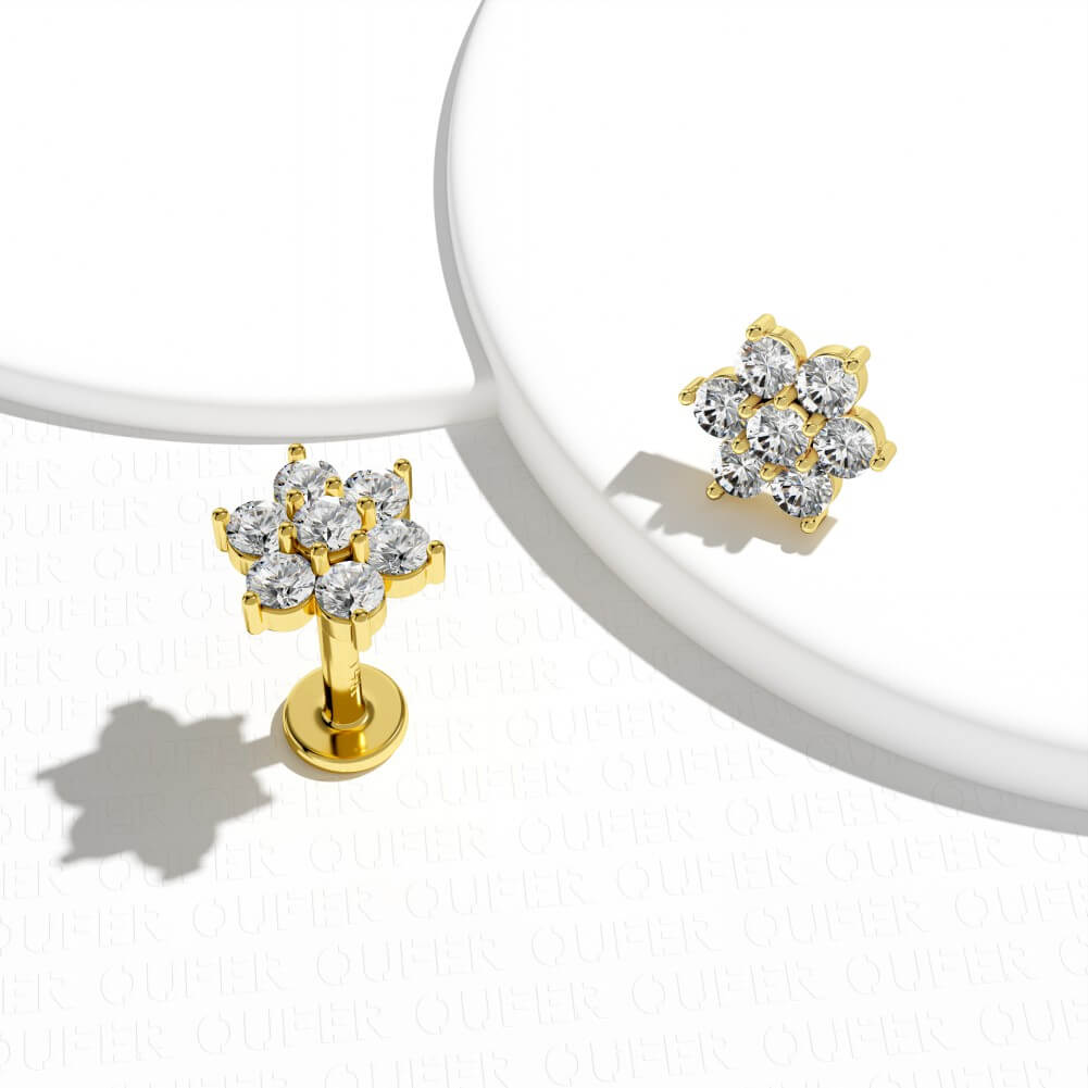 14K Gold CZ Flower Threadless Nose Stud