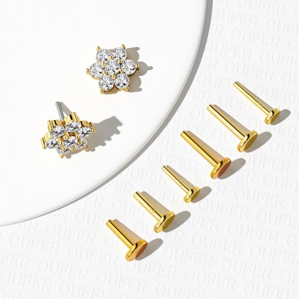14K Gold CZ Flower Threadless Nose Stud