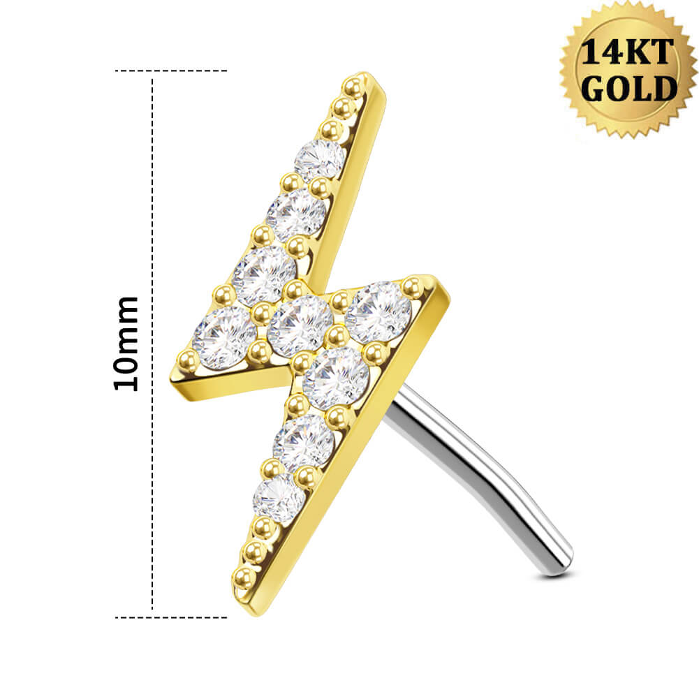 14K Gold Lightning Bolt CZ Threadless Nose Stud