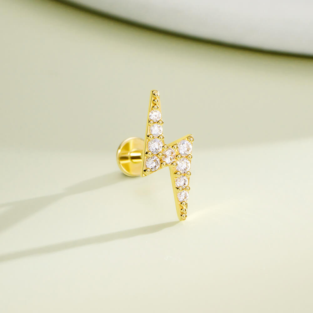 14K Gold Lightning Bolt CZ Threadless Nose Stud