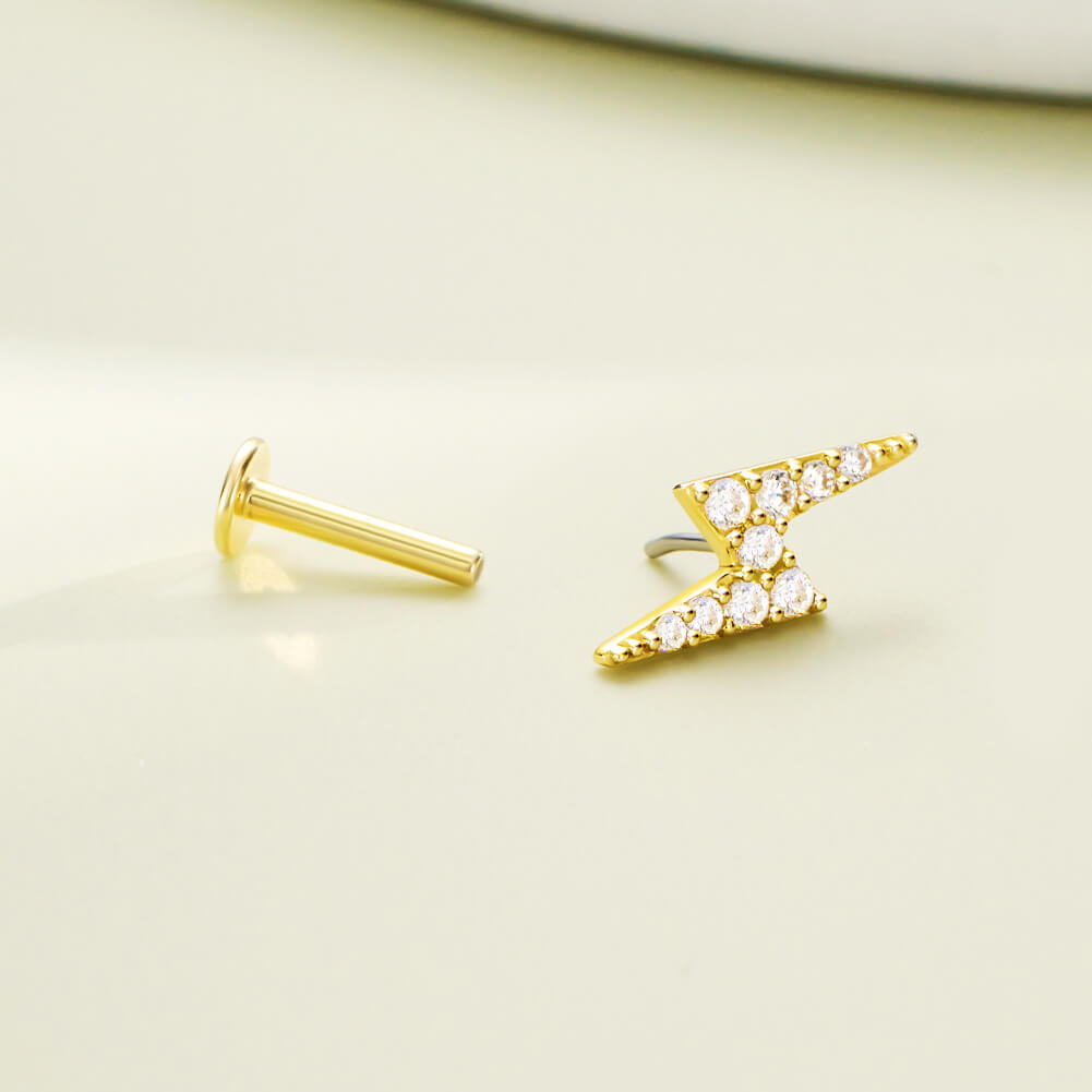 14K Gold Lightning Bolt CZ Threadless Nose Stud