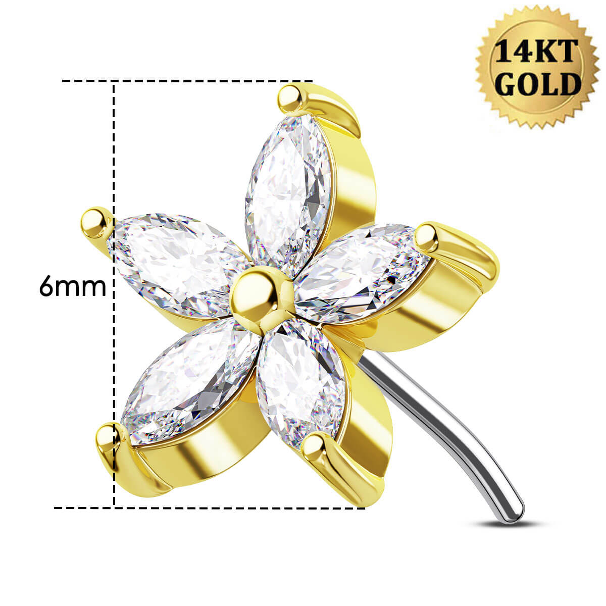 14K Gold CZ Flower Threadless Nose Stud